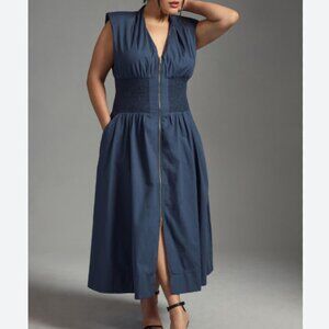 117 Tommie Cap-Sleeve Smocked Front-Zip Shirt Dress